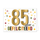 85 jaar gefeliciteerd - Formaat: Standaard - Vorm: Liggend - Verjaardagskaart - Op deze wenskaart staan stippen en sterren in de kleuren rood, groen, geel, oranje, zwart en goud. In het midden staat de tekst: "85 jaar gefeliciteerd". - Snelwenskaart