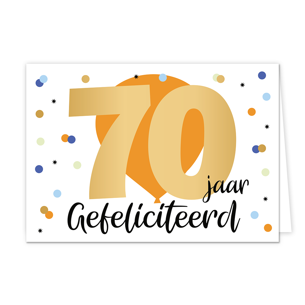 70 jaar gefeliciteerd - Formaat: Normaal - Vorm: Liggend - Verjaardagskaart - Op deze wenskaart staat in het midden een grote oranje ballon met daaroverheen de gouden cijfers 70. Om de ballon heen is gekleurde confetti. Onder de cijfers 70 staat in zwart de tekst 'jaar gefeliciteerd'. - Snelwenskaart