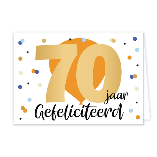 70 jaar gefeliciteerd - Formaat: Normaal - Vorm: Liggend - Verjaardagskaart - Op deze wenskaart staat in het midden een grote oranje ballon met daaroverheen de gouden cijfers 70. Om de ballon heen is gekleurde confetti. Onder de cijfers 70 staat in zwart de tekst 'jaar gefeliciteerd'. - Snelwenskaart