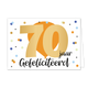 70 jaar gefeliciteerd - Formaat: Standaard - Vorm: Liggend - Verjaardagskaart - Op deze wenskaart staat in het midden een grote oranje ballon met daaroverheen de gouden cijfers 70. Om de ballon heen is gekleurde confetti. Onder de cijfers 70 staat in zwart de tekst 'jaar gefeliciteerd'. - Snelwenskaart