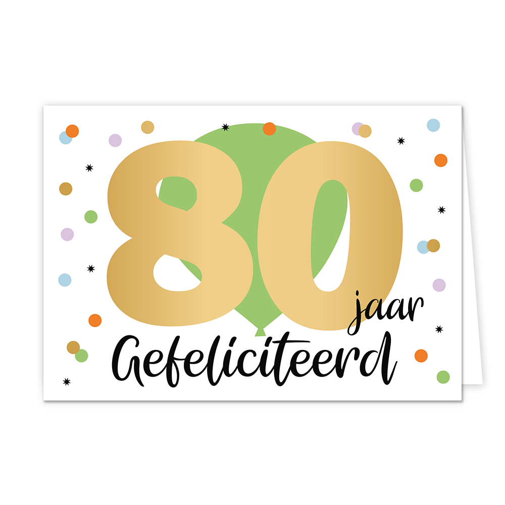 80 jaar gefeliciteerd - Formaat: Normaal - Vorm: Liggend - Verjaardagskaart - Op deze wenskaart is een grote blauwe ballon te zien met stippen eromheen in diverse kleuren. In het midden staat de tekst "50 abraham" met de tekst "50" in het goud geschreven. - Snelwenskaart