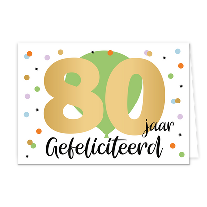 80 jaar gefeliciteerd - Formaat: Normaal - Vorm: Liggend - Verjaardagskaart - Op deze wenskaart is een grote blauwe ballon te zien met stippen eromheen in diverse kleuren. In het midden staat de tekst "50 abraham" met de tekst "50" in het goud geschreven. - Snelwenskaart