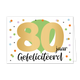 80 jaar gefeliciteerd - Formaat: Standaard - Vorm: Liggend - Verjaardagskaart - Op deze wenskaart is een grote blauwe ballon te zien met stippen eromheen in diverse kleuren. In het midden staat de tekst "50 abraham" met de tekst "50" in het goud geschreven. - Snelwenskaart