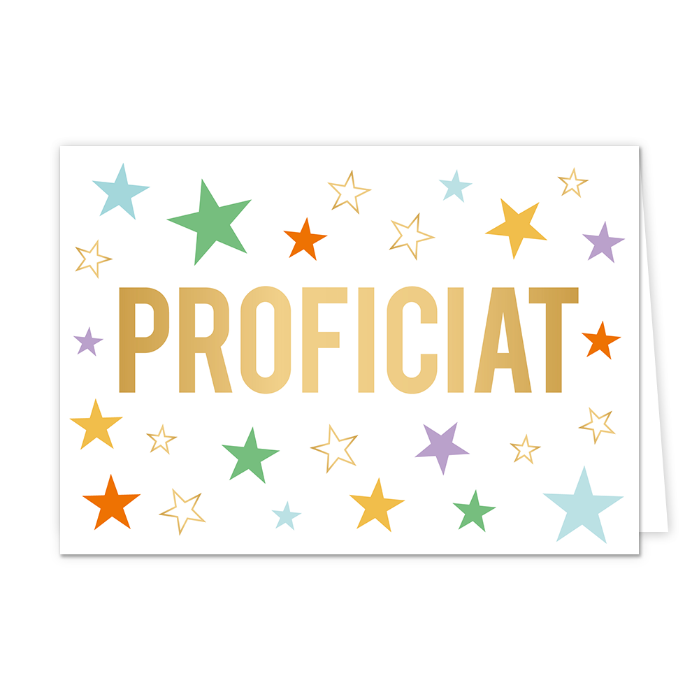 Proficiat - Formaat: Normaal - Vorm: Liggend - Felicitatiekaart - Op deze wenskaart staan sterren in de kleuren groen, blauw, oranje, geel, paars en goud. In het midden staat de tekst: "Proficiat". - Snelwenskaart