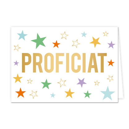 Proficiat - Formaat: Normaal - Vorm: Liggend - Felicitatiekaart - Op deze wenskaart staan sterren in de kleuren groen, blauw, oranje, geel, paars en goud. In het midden staat de tekst: "Proficiat". - Snelwenskaart