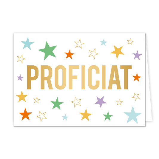 Proficiat - Formaat: Normaal - Vorm: Liggend - Felicitatiekaart - Op deze wenskaart staan sterren in de kleuren groen, blauw, oranje, geel, paars en goud. In het midden staat de tekst: "Proficiat". - Snelwenskaart