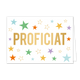 Proficiat - Formaat: Standaard - Vorm: Liggend - Felicitatiekaart - Op deze wenskaart staan sterren in de kleuren groen, blauw, oranje, geel, paars en goud. In het midden staat de tekst: "Proficiat". - Snelwenskaart