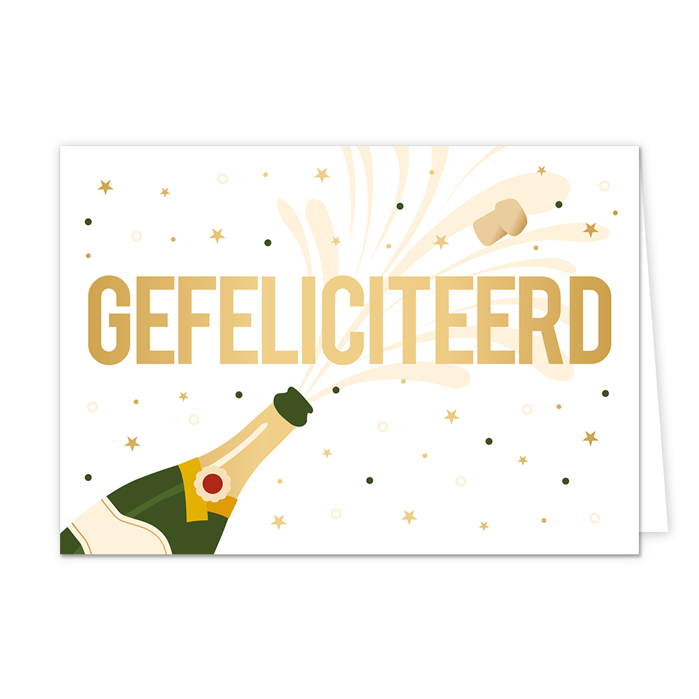 Gefeliciteerd - Formaat: Normaal - Vorm: Liggend - Felicitatiekaart - Op deze wenskaart staat een champagnefles die ontpopt met gouden sterren en stippen. In het midden staat de tekst: "Gefeliciteerd". - Snelwenskaart
