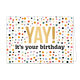 YAY! it's your birthday - Formaat: Standaard - Vorm: Liggend - Verjaardagskaart - Op deze wenskaart zijn stippen te zien in de kleuren goud, roze, groen, geel rood en zwart. In het midden staat de tekst "YAY! it's your birthday" waarbij de tekst "YAY!" in het goud is geschreven. - Snelwenskaart