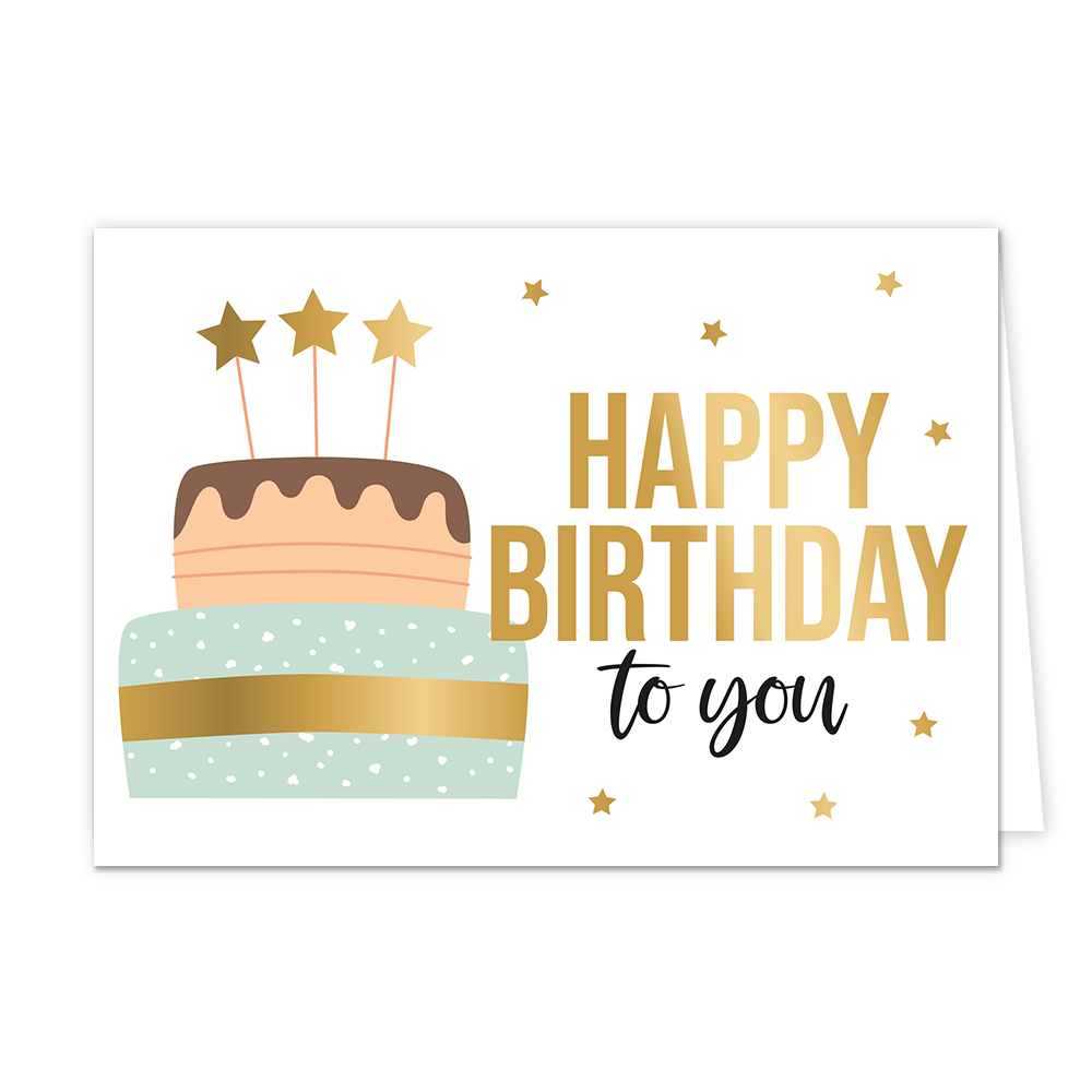 Happy birthday to you - Formaat: Standaard - Vorm: Liggend - Verjaardagskaart - Op deze wenskaart staat een grote verjaardagstaart in de kleuren goud, beige, bruin en lichtgroen. Op de taart staan drie kaartjes in de vorm van gouden sterren. Rechts naast de taart staat de tekst "Happy birthday to you" waarbij de tekst "Happy birthday" in het goud geschreven is. - Snelwenskaart