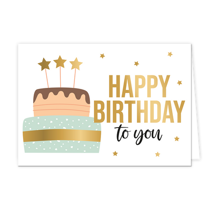 Happy birthday to you - Formaat: Standaard - Vorm: Liggend - Verjaardagskaart - Op deze wenskaart staat een grote verjaardagstaart in de kleuren goud, beige, bruin en lichtgroen. Op de taart staan drie kaartjes in de vorm van gouden sterren. Rechts naast de taart staat de tekst "Happy birthday to you" waarbij de tekst "Happy birthday" in het goud geschreven is. - Snelwenskaart