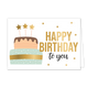 Happy birthday to you - Formaat: Standaard - Vorm: Liggend - Verjaardagskaart - Op deze wenskaart staat een grote verjaardagstaart in de kleuren goud, beige, bruin en lichtgroen. Op de taart staan drie kaartjes in de vorm van gouden sterren. Rechts naast de taart staat de tekst "Happy birthday to you" waarbij de tekst "Happy birthday" in het goud geschreven is. - Snelwenskaart