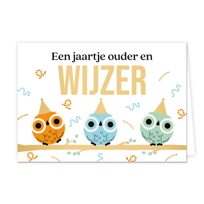Een jaartje ouder en wijzer - Formaat: Standaard - Vorm: Liggend - Verjaardagskaart - Op deze wenskaart staat de zwarte en goudkleurige tekst "Een jaartje ouder en WIJZER" afgebeeld tegen een witte achtergrond. Daaronder zitten drie uilen in de kleuren oranje, blauw en groen op een boomtak, elk voorzien van een feestmuts op hun hoofd. Rondom de uilen zijn gekleurde serpentines en confetti verspreid. - Snelwenskaart