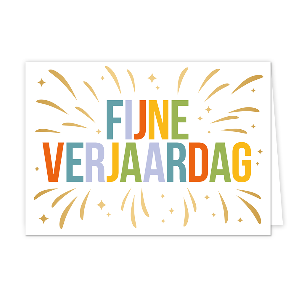 Fijne verjaardag - Formaat: Normaal - Vorm: Liggend - Verjaardagskaart - Op deze wenskaart staan gouden lijnen met in het midden de tekst: "Fijne verjaardag". - Snelwenskaart