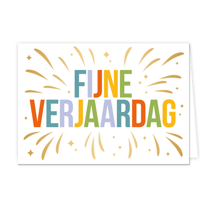 Fijne verjaardag - Formaat: Normaal - Vorm: Liggend - Verjaardagskaart - Op deze wenskaart staan gouden lijnen met in het midden de tekst: "Fijne verjaardag". - Snelwenskaart
