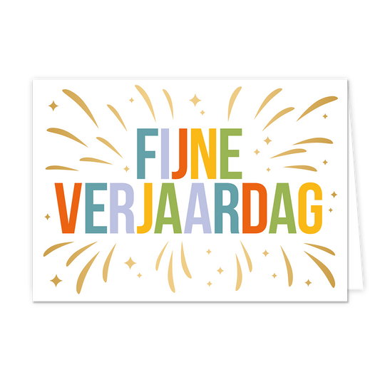 Fijne verjaardag - Formaat: Normaal - Vorm: Liggend - Verjaardagskaart - Op deze wenskaart staan gouden lijnen met in het midden de tekst: "Fijne verjaardag". - Snelwenskaart
