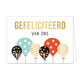 Gefeliciteerd van ons - Formaat: Standaard - Vorm: Liggend - Felicitatiekaart - Op deze wenskaart staan ballonnen met stippen, sterren en lijnen in de kleuren rood, wit, mintgroen, wit en goud. Daarboven staat de tekst: "Gefeliciteerd van ons". - Snelwenskaart