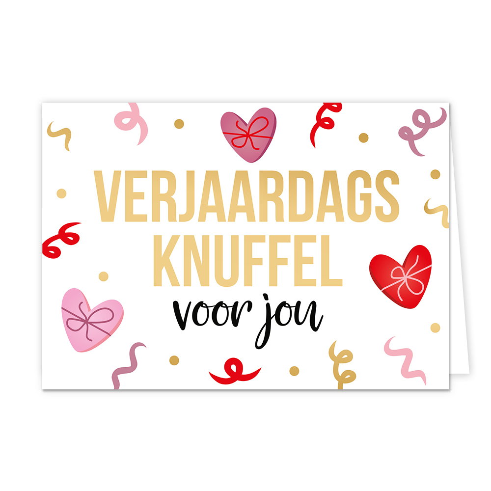  Op deze wenskaart staan meerdere slingers in het goud, rood en roze. Tussen de slingers staan drie harten. In het midden van de kaart staat in het goud de tekst 'verjaardags knuffel' en daaronder staat in het zwart de tekst 'voor jou'. 