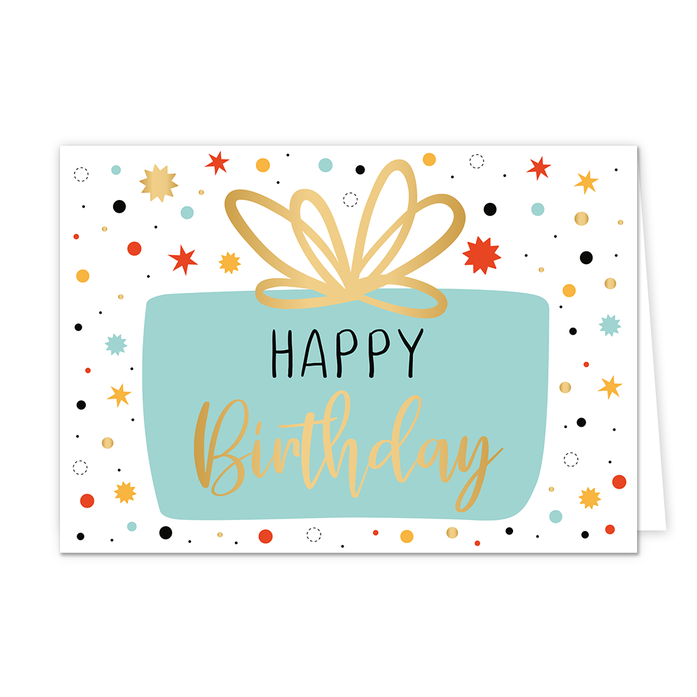Happy birthday - Formaat: Normaal - Vorm: Liggend - Verjaardagskaart - Op deze wenskaart staat een illustratie van een lichtblauw cadeauvlak met een grote, goudkleurige gestileerde strik erbovenop. In het midden van dit vlak staat de tekst "HAPPY Birthday" gedrukt, waarbij het woord "Birthday" is uitgevoerd in een sierlijk goudkleurig handschrift en "HAPPY" in strakke zwarte letters. De achtergrond is wit en versierd met een vrolijk patroon van kleurrijke stippen en sterren in tinten zoals goud, rood, blau