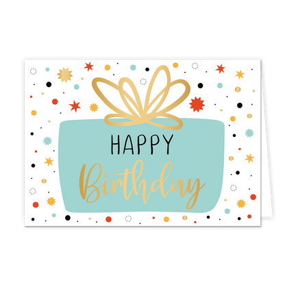 Happy birthday - Formaat: Normaal - Vorm: Liggend - Verjaardagskaart - Op deze wenskaart staat een illustratie van een lichtblauw cadeauvlak met een grote, goudkleurige gestileerde strik erbovenop. In het midden van dit vlak staat de tekst "HAPPY Birthday" gedrukt, waarbij het woord "Birthday" is uitgevoerd in een sierlijk goudkleurig handschrift en "HAPPY" in strakke zwarte letters. De achtergrond is wit en versierd met een vrolijk patroon van kleurrijke stippen en sterren in tinten zoals goud, rood, blau