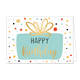 Happy birthday - Formaat: Standaard - Vorm: Liggend - Verjaardagskaart - Op deze wenskaart staat een illustratie van een lichtblauw cadeauvlak met een grote, goudkleurige gestileerde strik erbovenop. In het midden van dit vlak staat de tekst "HAPPY Birthday" gedrukt, waarbij het woord "Birthday" is uitgevoerd in een sierlijk goudkleurig handschrift en "HAPPY" in strakke zwarte letters. De achtergrond is wit en versierd met een vrolijk patroon van kleurrijke stippen en sterren in tinten zoals goud, rood, bl