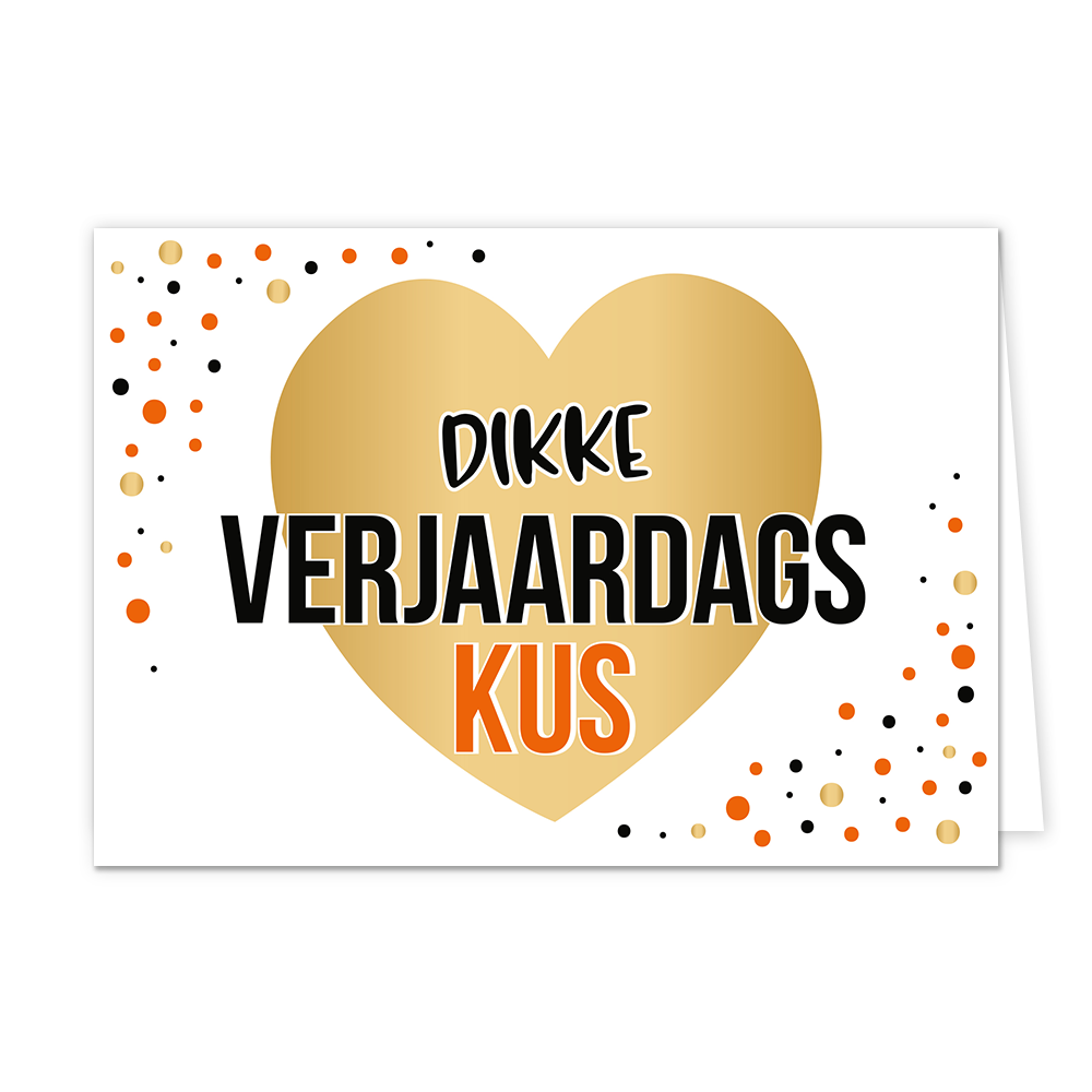 Dikke verjaardagskus - Formaat: Normaal - Vorm: Liggend - Verjaardagskaart - Op deze wenskaart staat een groot gouden hart daar omheen stippen ind e kleuren oranje, zwart en goud. In het midden staat de tekst: "Dikke verjaardagskus". - Snelwenskaart