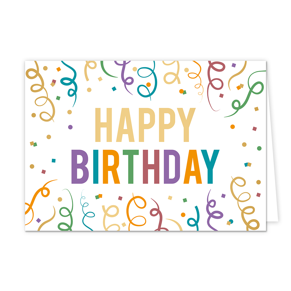 Happy birthday - Formaat: Normaal - Vorm: Liggend - Verjaardagskaart - Op deze wenskaart staat de tekst "HAPPY BIRTHDAY" centraal tegen een witte achtergrond, waarbij het woord "HAPPY" in goudkleurige blokletters en "BIRTHDAY" in kleurrijke blokletters is uitgevoerd. De tekst wordt volledig omringd door een vrolijk patroon van gekleurde slingers en confetti in diverse tinten zoals blauw, groen, geel en paars. - Snelwenskaart