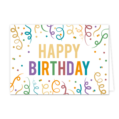 Happy birthday - Formaat: Normaal - Vorm: Liggend - Verjaardagskaart - Op deze wenskaart staat de tekst "HAPPY BIRTHDAY" centraal tegen een witte achtergrond, waarbij het woord "HAPPY" in goudkleurige blokletters en "BIRTHDAY" in kleurrijke blokletters is uitgevoerd. De tekst wordt volledig omringd door een vrolijk patroon van gekleurde slingers en confetti in diverse tinten zoals blauw, groen, geel en paars. - Snelwenskaart