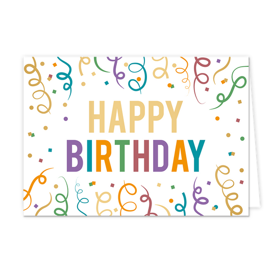 Happy birthday - Formaat: Normaal - Vorm: Liggend - Verjaardagskaart - Op deze wenskaart staat de tekst "HAPPY BIRTHDAY" centraal tegen een witte achtergrond, waarbij het woord "HAPPY" in goudkleurige blokletters en "BIRTHDAY" in kleurrijke blokletters is uitgevoerd. De tekst wordt volledig omringd door een vrolijk patroon van gekleurde slingers en confetti in diverse tinten zoals blauw, groen, geel en paars. - Snelwenskaart