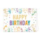 Happy birthday - Formaat: Standaard - Vorm: Liggend - Verjaardagskaart - Op deze wenskaart staat de tekst "HAPPY BIRTHDAY" centraal tegen een witte achtergrond, waarbij het woord "HAPPY" in goudkleurige blokletters en "BIRTHDAY" in kleurrijke blokletters is uitgevoerd. De tekst wordt volledig omringd door een vrolijk patroon van gekleurde slingers en confetti in diverse tinten zoals blauw, groen, geel en paars. - Snelwenskaart