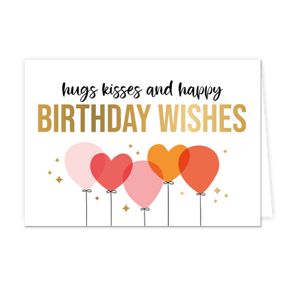 Hugs kisses and happy birthday wishes - Formaat: Normaal - Vorm: Liggend - Verjaardagskaart - Op deze wenskaart staan 5 ballonnen, waarvan 2 hartjesballonnen, in de kleuren roze, oranje en rood. Boven de ballonnen staat de tekst "Hugs kisses and happy birthday wishes" waarbij de tekst "Birthday wishes" in het goud staat geschreven. - Snelwenskaart