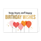 Hugs kisses and happy birthday wishes - Formaat: Normaal - Vorm: Liggend - Verjaardagskaart - Op deze wenskaart staan 5 ballonnen, waarvan 2 hartjesballonnen, in de kleuren roze, oranje en rood. Boven de ballonnen staat de tekst "Hugs kisses and happy birthday wishes" waarbij de tekst "Birthday wishes" in het goud staat geschreven. - Snelwenskaart