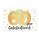 60 jaar gefeliciteerd - Formaat: Standaard - Vorm: Liggend - Verjaardagskaart - Op deze wenskaart staat centraal het grote, goudkleurige getal "60" afgebeeld tegen een witte achtergrond, met daarachter een grote lichtgroene ballon. Rechts onder het getal staat het woord "jaar" in een zwarte sierlijke letter, en daaronder staat in hetzelfde lettertype de grotere tekst "Gefeliciteerd". Rondom deze centrale elementen is de kaart versierd met een feestelijke mix van gekleurde stippen, cirkels en kleine zwarte 