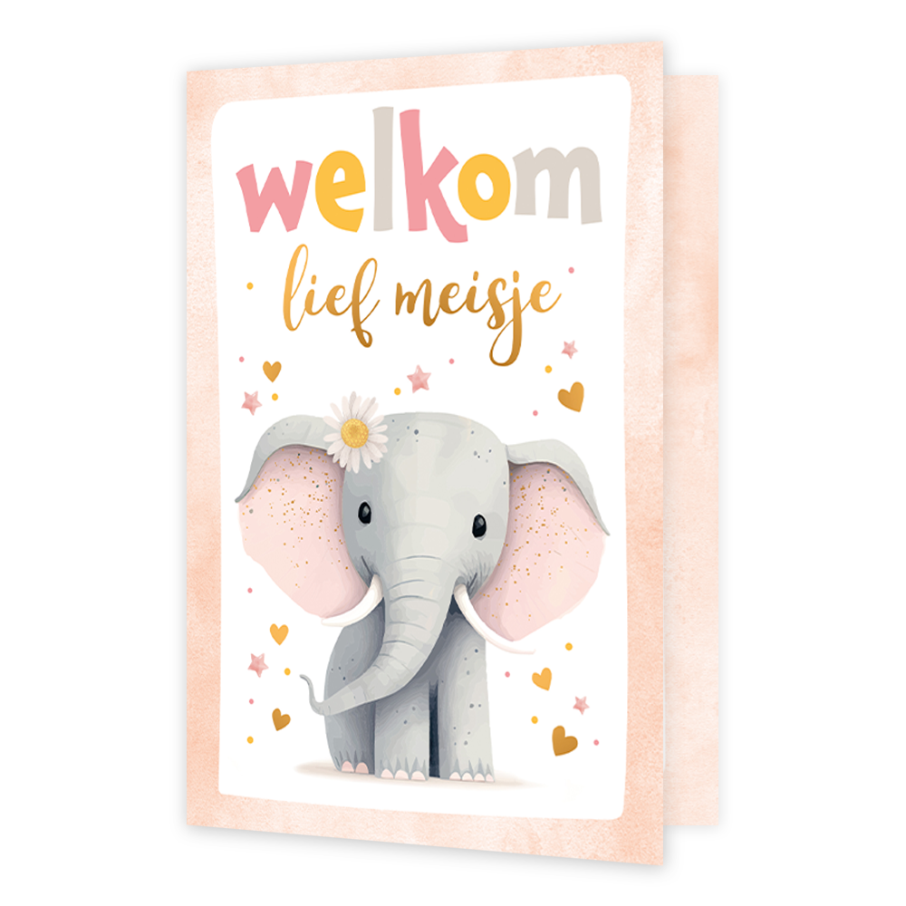Welkom lief meisje - Formaat: Normaal - Vorm: Staand - Geboortekaart - Op deze wenskaart staat een olifant met daarboven de tekst: "Welkom lief meisje". - Snelwenskaart