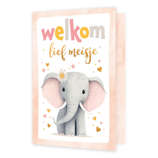Welkom lief meisje - Formaat: Normaal - Vorm: Staand - Geboortekaart - Op deze wenskaart staat een olifant met daarboven de tekst: "Welkom lief meisje". - Snelwenskaart