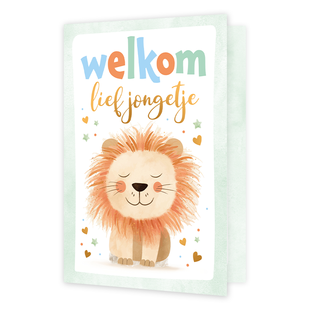 Welkom lief jongetje - Formaat: Normaal - Vorm: Staand - Geboortekaart - Op deze wenskaart staat een leeuw met daarboven de tekst: "Welkom lief jongetje". - Snelwenskaart