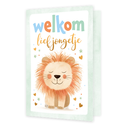 Welkom lief jongetje - Formaat: Normaal - Vorm: Staand - Geboortekaart - Op deze wenskaart staat een leeuw met daarboven de tekst: "Welkom lief jongetje". - Snelwenskaart