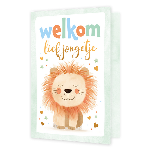 Welkom lief jongetje - Formaat: Normaal - Vorm: Staand - Geboortekaart - Op deze wenskaart staat een leeuw met daarboven de tekst: "Welkom lief jongetje". - Snelwenskaart