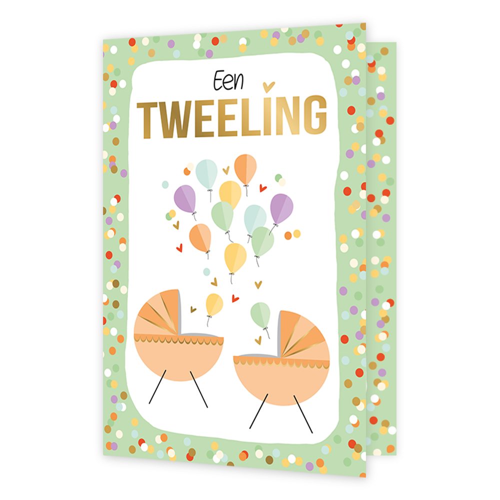 Een tweeling - Formaat: Standaard - Vorm: Staand - Geboortekaart - Op deze wenskaart staan twee kinderwiegjes met ballonnen. Bovenaan staat de tekst: "Een tweeling". - Snelwenskaart