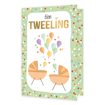 Een tweeling - Formaat: Standaard - Vorm: Staand - Geboortekaart - Op deze wenskaart staan twee kinderwiegjes met ballonnen. Bovenaan staat de tekst: "Een tweeling". - Snelwenskaart
