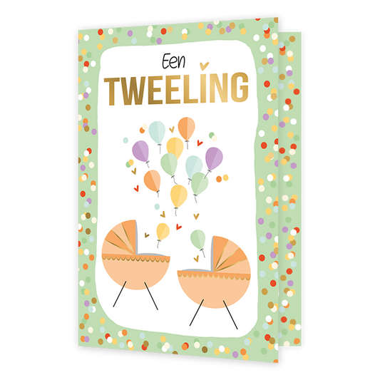Een tweeling - Formaat: Normaal - Vorm: Staand - Geboortekaart - Op deze wenskaart staan twee kinderwiegjes met ballonnen. Bovenaan staat de tekst: "Een tweeling". - Snelwenskaart