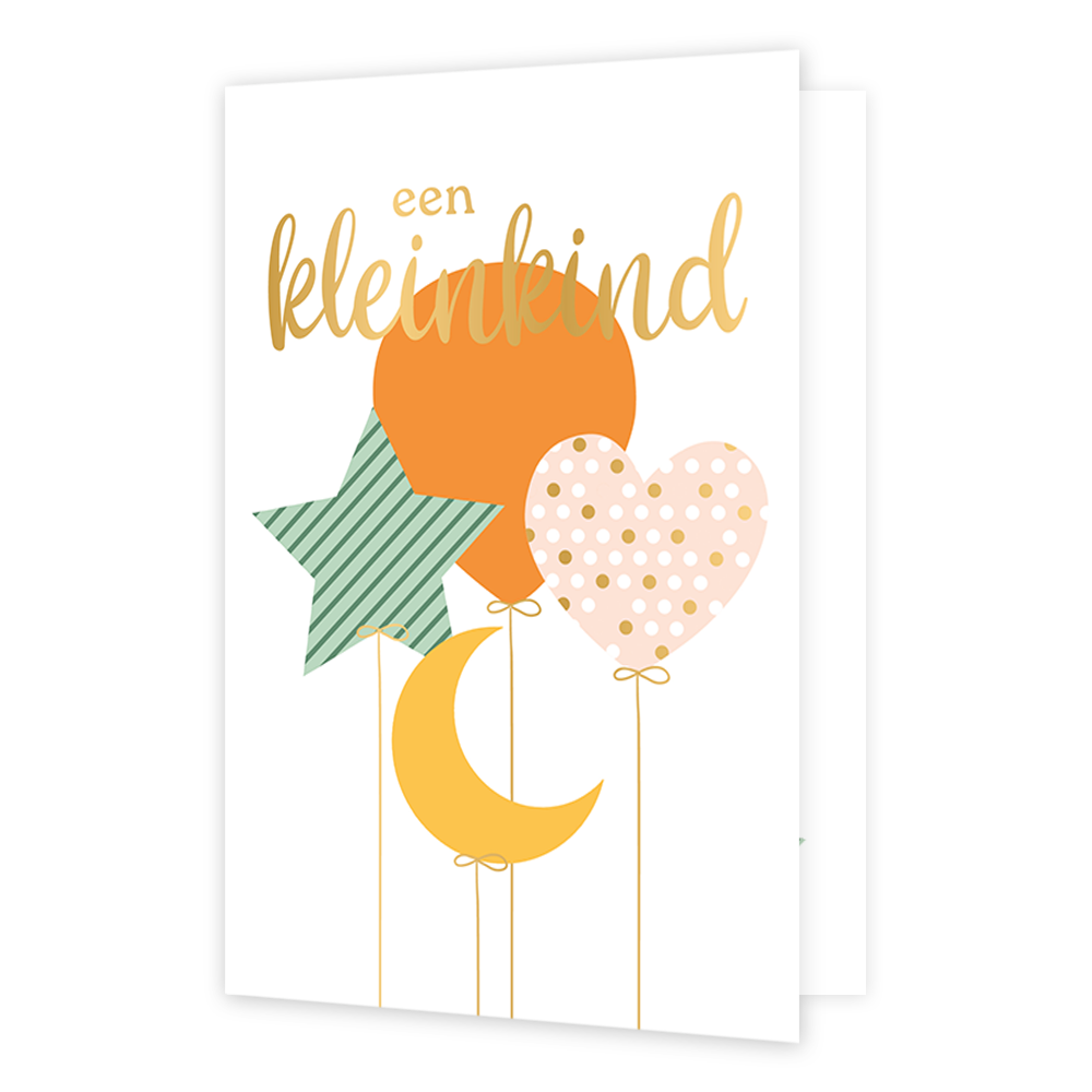 Een kleinkind - Formaat: Standaard - Vorm: Staand - Geboortekaart - Op deze wenskaart staan ballonnen in de vormen van een hartje, sterretje en een halve maan. In het midden staat de tekst: "Een kleinkind". - Snelwenskaart