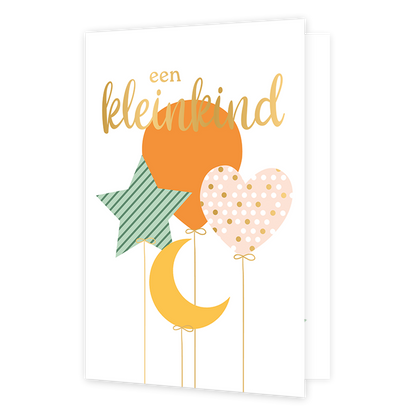 Een kleinkind - Formaat: Standaard - Vorm: Staand - Geboortekaart - Op deze wenskaart staan ballonnen in de vormen van een hartje, sterretje en een halve maan. In het midden staat de tekst: "Een kleinkind". - Snelwenskaart