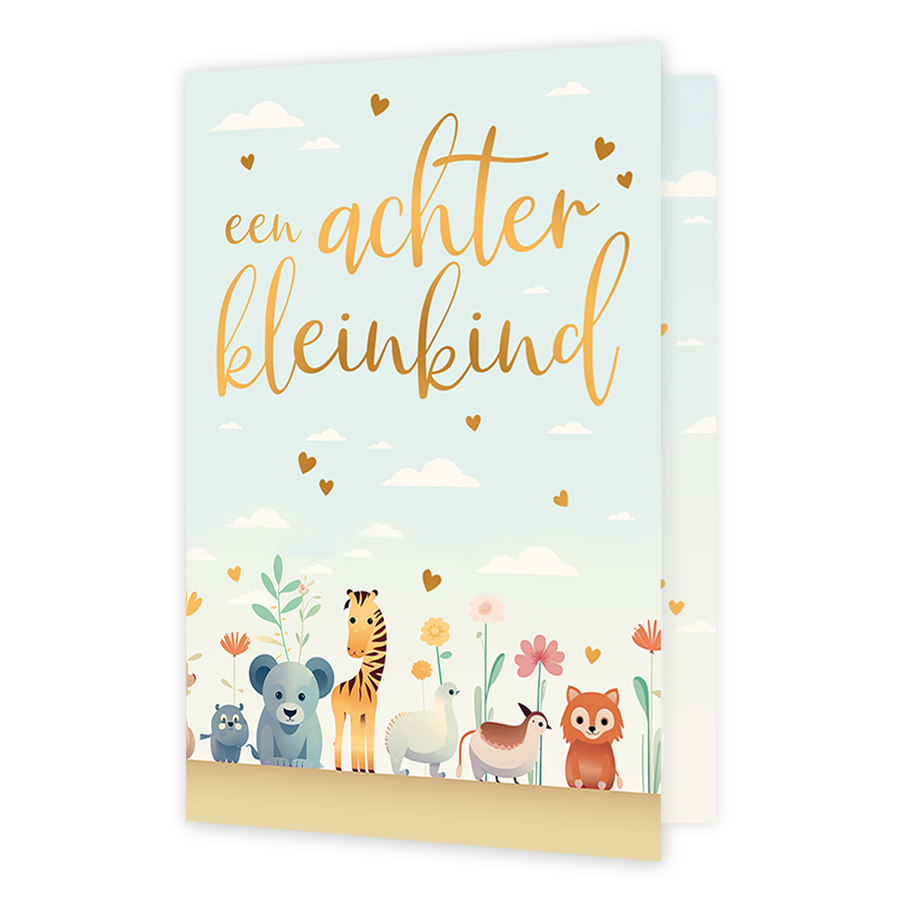 Een achterkleinkind - Formaat: Normaal - Vorm: Staand - Geboortekaart - Op deze wenskaart staan dieren waaronder een vosje, beer en een giraf, met daarboven de tekst: "Een achter kleinkind". - Snelwenskaart