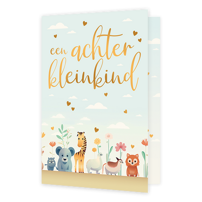 Een achterkleinkind - Formaat: Normaal - Vorm: Staand - Geboortekaart - Op deze wenskaart staan dieren waaronder een vosje, beer en een giraf, met daarboven de tekst: "Een achter kleinkind". - Snelwenskaart