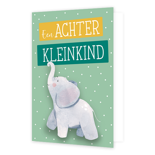 Een achterkleinkind - Formaat: Normaal - Vorm: Staand - Geboortekaart - Op deze wenskaart staat een olifant met daarboven de tekst: "Een achter kleinkind". - Snelwenskaart