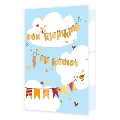 Op deze wenskaart zie je een waslijn in de lucht. Aan de waslijn hangt in gouden letters de tekst 'een kleinkind op komst'. Onderaan hangen vlaggen.