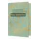 New home new memories - Formaat: Standaard - Vorm: Staand - Woningkaart - Op deze wenskaart staan goud omringde huizen op een groene achtergrond met in het midden de tekst: "New home new memories". - Snelwenskaart
