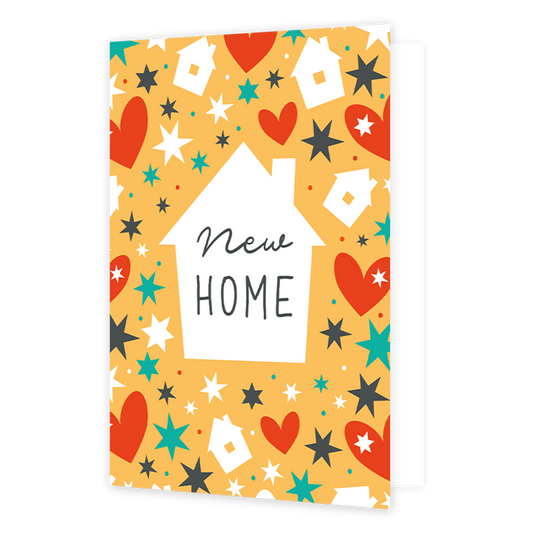 New home - Formaat: Normaal - Vorm: Staand - Succes kaart - Op deze wenskaart staat een groot wit huis omringt door sterren en hartjes. In het midden staat de tekst: "New home". - Snelwenskaart