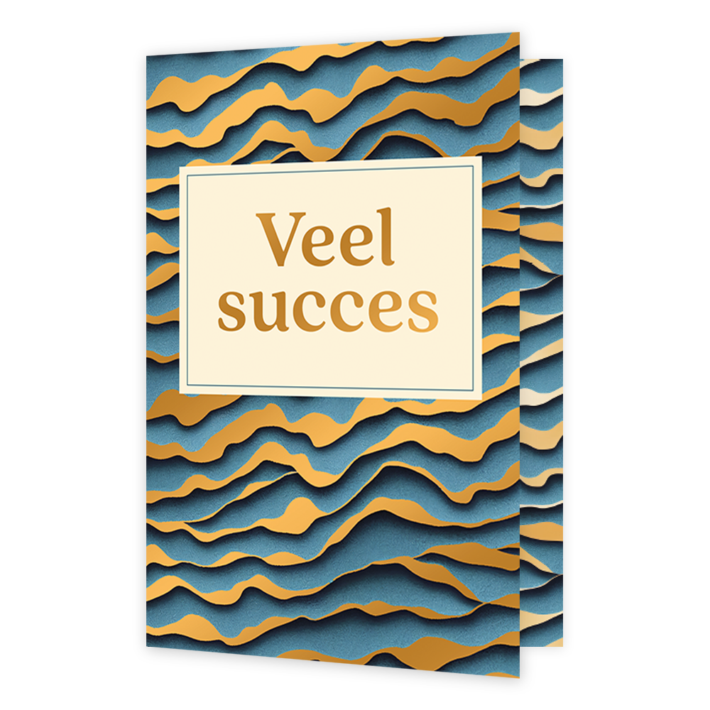 Veel succes - Formaat: Normaal - Vorm: Staand - Succes kaart - Op deze wenskaart staan lijnen in de kleuren goud en blauw. In het midden staat een wit blok met de tekst: "Veel succes". - Snelwenskaart